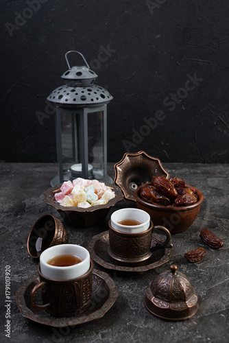 Traditional Turkish tea with dates and lokum for Ramadan Iftar