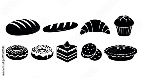 Black silhouette icon set of various bakery items including bread, croissant, muffin, donuts, cake slice, cookies, and pie arranged in two rows.