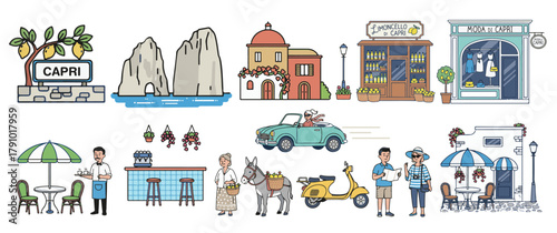 Capri Italy Travel Vector Collection. Icons of Island Life, Architecture, Limoncello, Fashion and Mediterranean Culture