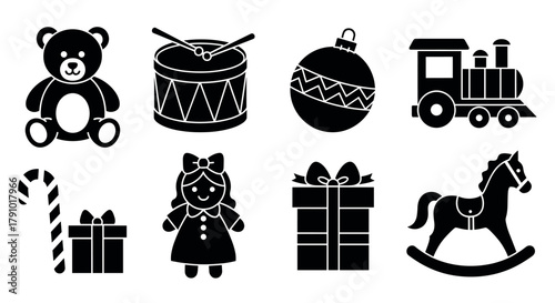 Black silhouette icons of children's toys including a teddy bear, drum, christmas ornament, train, candy cane, doll, gift, and rocking horse.