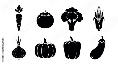 Eight black silhouette icons of various vegetables including carrot, tomato, broccoli, corn, onion, pumpkin, bell pepper, and eggplant, arranged in two rows.
