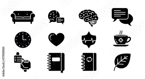 Collection of twelve black and white icons depicting a range of concepts including furniture, communication, health, and nature.