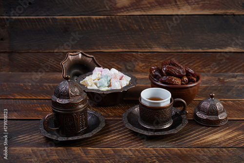 Traditional Turkish tea with dates and lokum for Ramadan Iftar