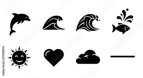 Black silhouette icons of a dolphin, waves, a fish with splashes, a smiling sun, a heart, a cloud, and a straight line.