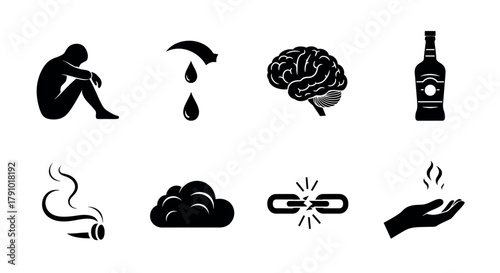 A series of black silhouette icons depicting a person sitting, a droplet, a brain, a bottle, a smoking cigarette, a cloud, a broken chain, and an open hand.