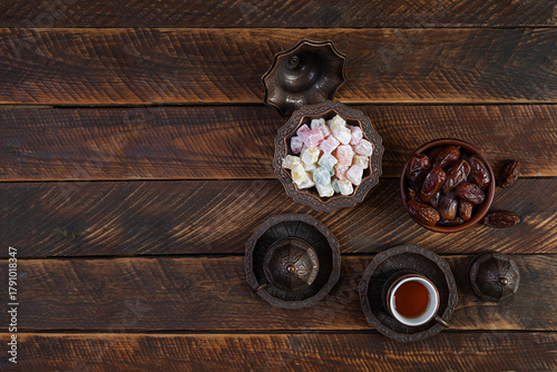 Traditional Turkish tea with dates and lokum for Ramadan Iftar