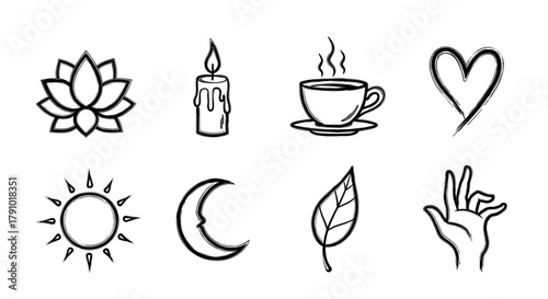 A collection of eight black outline icons including a lotus flower, candle, steaming cup, heart, sun, crescent moon, leaf, and hand gesture in minimalist style.