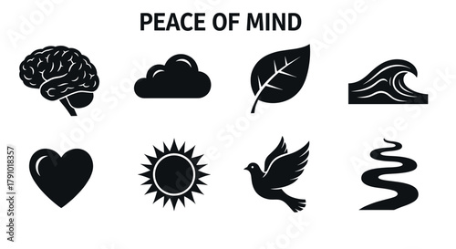 Set of black silhouette icons representing peace of mind, including a brain, cloud, leaf, wave, heart, sun, dove, and winding path.
