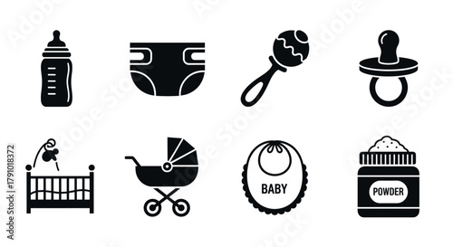 Black and white icons of baby essentials including a bottle, diaper, rattle, pacifier, crib, stroller, bib, and powder container.