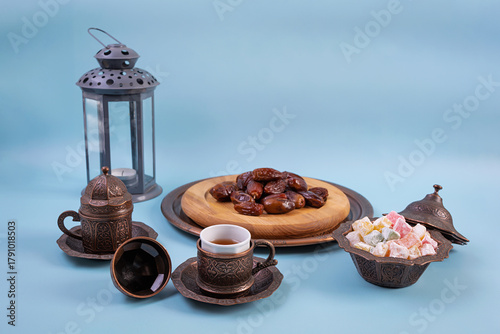 Traditional Turkish tea with dates and lokum for Ramadan Iftar