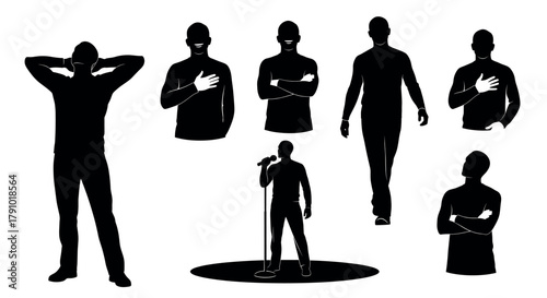 Silhouettes of a male adult displaying various poses, including walking, standing with arms crossed, and holding a microphone on stage.