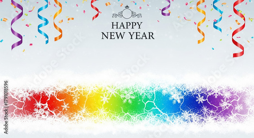 Festive New Year greeting card with colorful decorations and snow  