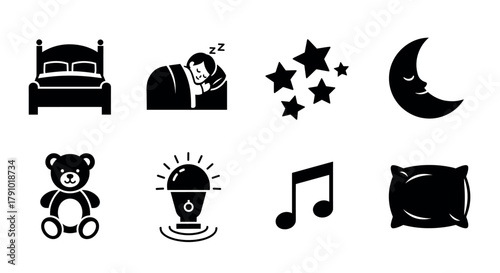 Black and white icons depicting a bed, sleeping person, stars, crescent moon, teddy bear, lamp, music note, and pillow symbolizing sleep and nighttime.