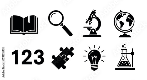 Black icons representing a book, magnifying glass, microscope, globe, numbers, puzzle pieces, light bulb, and beaker, symbolizing education and science concepts.