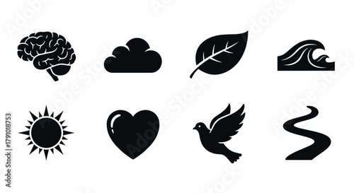 Set of eight black silhouette icons including a brain, cloud, leaf, wave, sun, heart, flying bird, and winding path, representing various natural and abstract concepts.