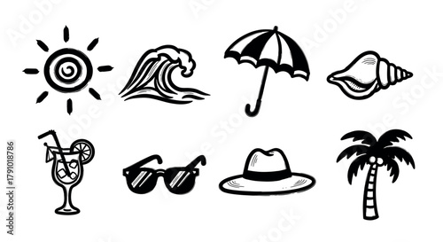 Black and white illustrations of eight summer-themed icons, including a sun, wave, umbrella, seashell, cocktail, sunglasses, hat, and palm tree.