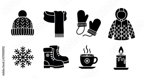 Black silhouette icons of winter clothing and accessories, including a knit hat, scarf, mittens, quilted jacket, snowflake, boots, steaming cup, and candle.