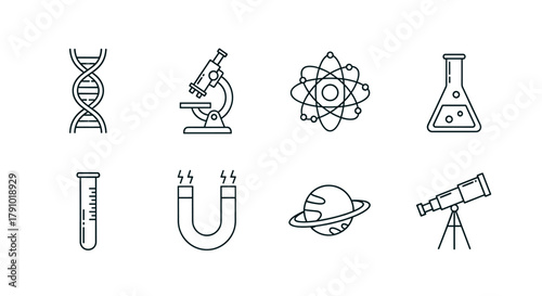 Black outline vector icons featuring dna helix, microscope, atomic model, laboratory flask, test tube, magnet, planet, and telescope, representing scientific concepts.