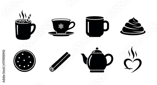 Black silhouette icons featuring coffee cup, tea mug, chocolate cup, dessert, pie, cinnamon stick, teapot, and steamy heart.