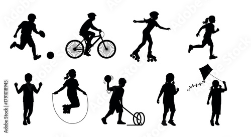 Silhouettes of children engaged in various outdoor activities, including playing soccer, cycling, roller skating, running, jumping rope, hula hooping, and flying a kite.