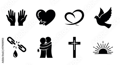 Black silhouette icons depicting hands raised in prayer, a heart with a crack, intertwined hearts, a dove, broken chains, two people in an embrace, a cross, and a sunrise.