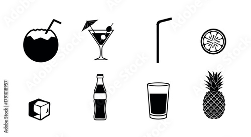 Black and white icons depicting various beverages including coconut drink, martini, straw, citrus slice, ice cube, soda bottle, filled glass, and pineapple.