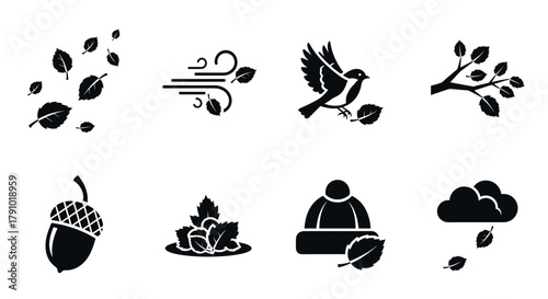Black silhouette icons depict autumn elements including falling leaves, wind swirls, a bird in flight, a branch with foliage, an acorn, a seasonal hat, and a cloud with leaves.