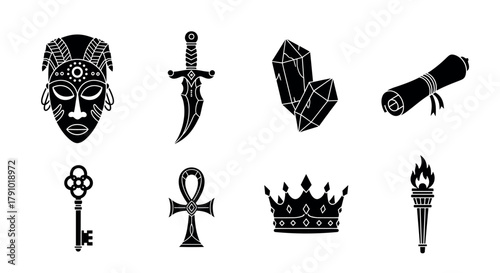 Set of eight black silhouette icons depicting an african tribal mask, ornate dagger, geometric crystals, rolled parchment, antique key, ankh symbol, royal crown, and flaming torch.