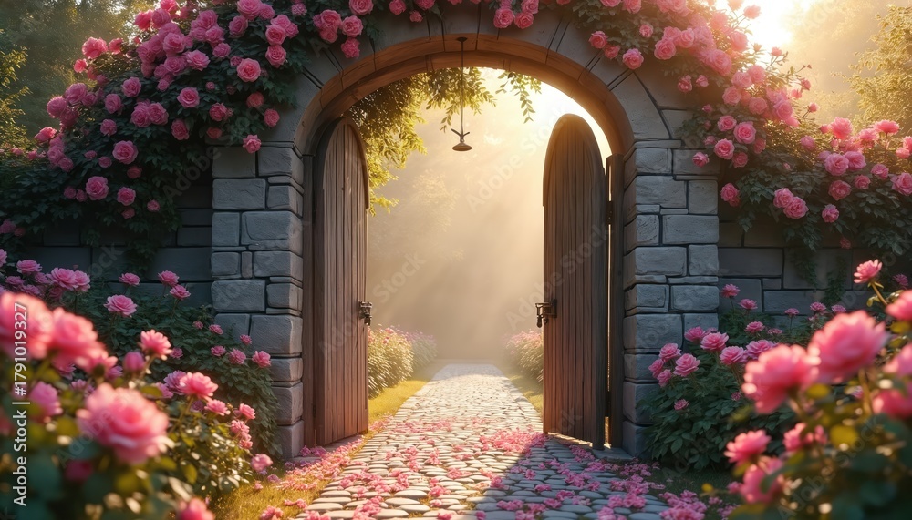 Naklejka premium Stone archway with pink roses. Wooden gate leads to dreamy pathway. Roses petals lie on the stone path. Romantic garden scene with sunlight and mist.