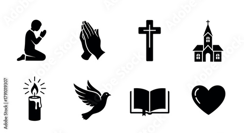 Eight black silhouette icons representing religious symbols, including praying hands, a cross, a church, a candle, a dove, a bible, and a heart.