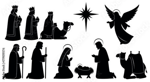Black silhouette of a nativity scene featuring wise men with gifts, a shepherd with a staff, mary and joseph praying beside baby jesus, a camel, an angel, and a star.