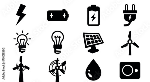 Black and white icons depicting renewable energy concepts, including solar panels, wind turbines, light bulbs, batteries, and electrical plugs.