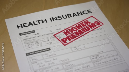 Health insurance form stamped “HIGHER PREMIUMS” in red, symbolizing rising costs after the end of ACA subsidy credits in 2025. Fictional data on form. 14941  	