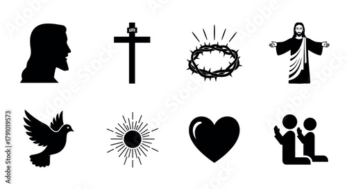Silhouette icons featuring a cross, crown of thorns, praying figures, a dove, a radiant sun, a heart, and a male religious figure.