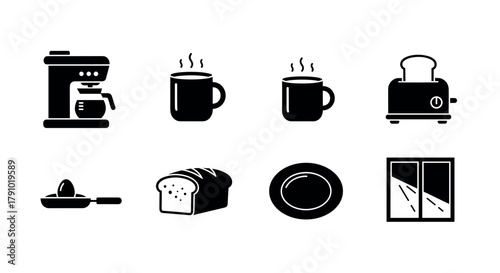 Black silhouette icons of a coffee maker, steaming mugs, toaster, frying pan with egg, loaf of bread, plate, and window, depicting kitchen and breakfast items.