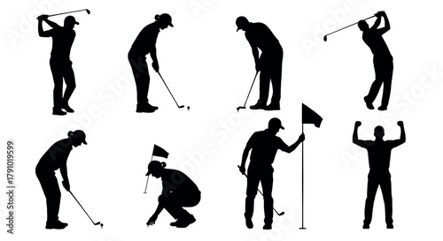 Silhouettes of diverse golfers in various poses, including swinging and holding flags, demonstrating different golfing actions.