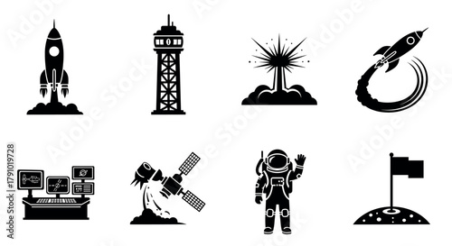 Black silhouette icons of a rocket, control tower, exploding star, ascending rocket, mission control screens, satellite with solar panels, astronaut, and a flag on a lunar surface.