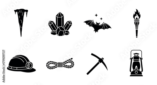 Black silhouette icons of a lantern, torch, crystals, icicle, bat, helmet, rope, and pickaxe, representing various elements of exploration and adventure.