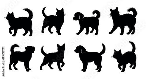 Silhouettes of four cats and four dogs in various poses on a white background.