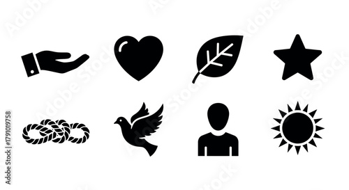Black silhouette icons featuring a hand, heart, leaf, star, rope knot, dove, human figure, and sun on a white background.
