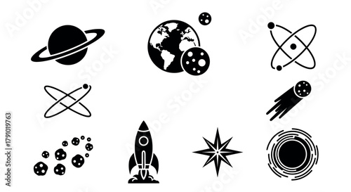 Black silhouette icons of planets, earth, rocket, and various astronomical symbols illustrating space exploration themes.