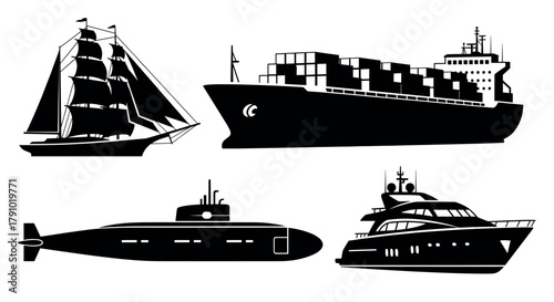 Silhouette of four different types of ships including a sailboat, cargo ship, submarine, and yacht in black.