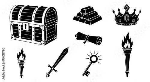 Black silhouette icons of a treasure chest, stacked gold bars, crown, torch, sword, rolled scroll, key, and burning torch.