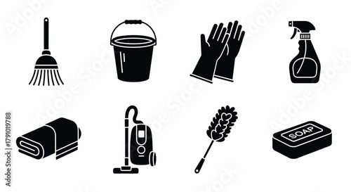 Black silhouette icons representing various cleaning tools, including a broom, bucket, gloves, spray bottle, towel, vacuum, feather duster, and soap bar.