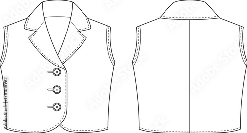 Sleeveless formal waistcoat CAD drawing, front and back flat vector illustration, tailored vest fashion design apparel template