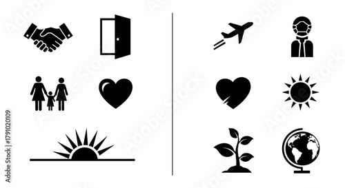Black silhouette icons representing handshake, open door, plane, person with mask, family, heart, sunrise, leaf plant, and globe.