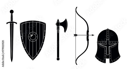 Black silhouettes of medieval weapons and armor including a sword, shield, axe, bow with arrow, and helmet arranged in a row.