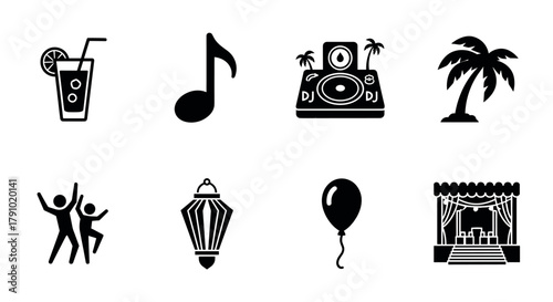 Collection of black silhouette icons including a tropical drink, musical note, dj station, palm tree, dancing figures, lantern, balloon, and stage with curtains.
