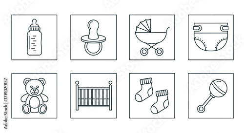 Black outline icons of various baby items, including a bottle, pacifier, stroller, diaper, teddy bear, crib, socks, and rattle.