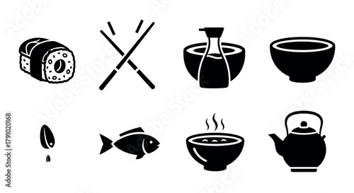Black silhouette icons depicting various japanese cuisine elements including sushi rolls, chopsticks, soy sauce bottle, rice bowl, fish, and teapot.
